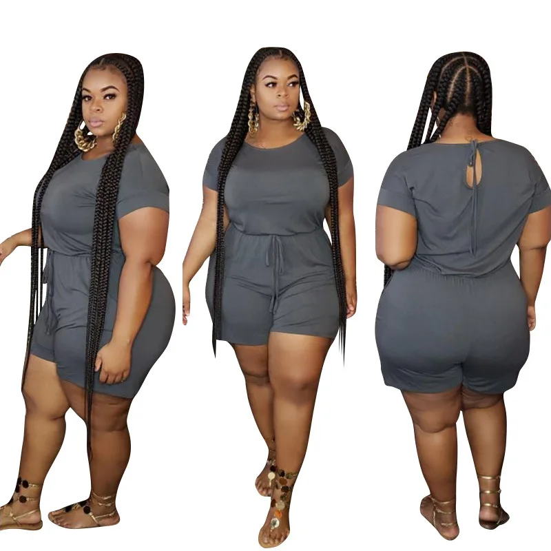 

New product ideas 2021 Stylish Casual women's sexy lace up plus size solid color o-neck short rompers sleeves jumpsuit, Picture shows