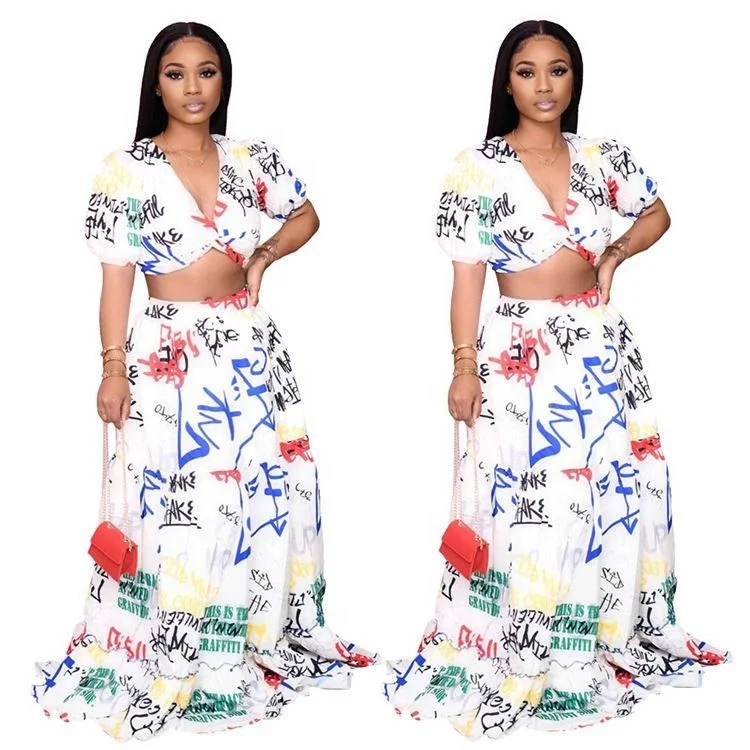 

New Fashion Print Sexy V Neck Party 2 Pcs Dress Outfits Long Skirt And Crop Top Two Piece Set Women Clothing For Women