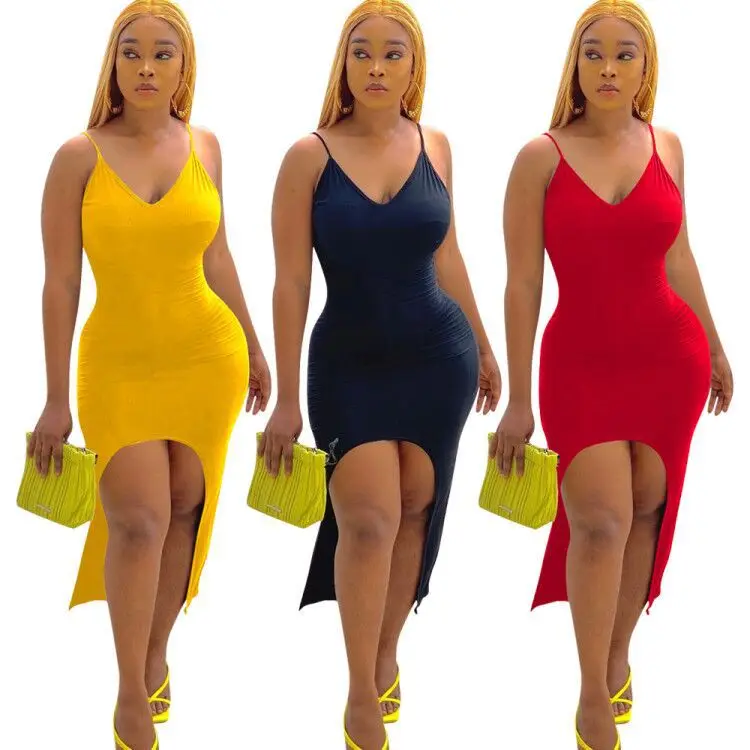

B54262A Women fashion pure color sexy tight new style casual slip dress, Yellow/red/black