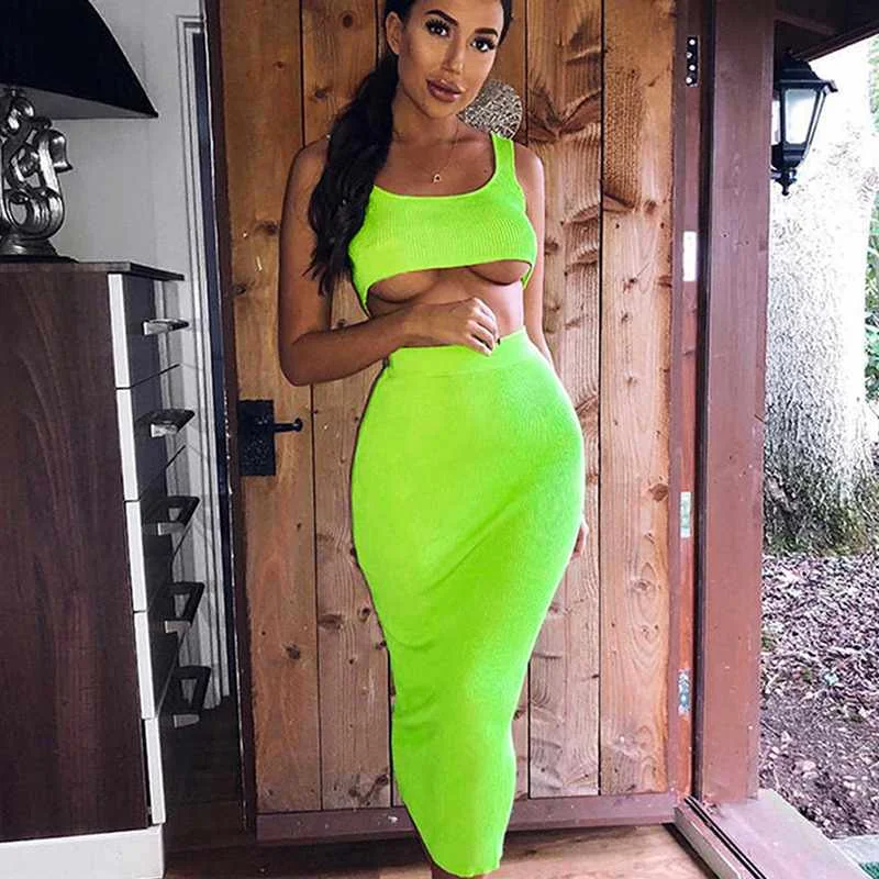 

Ribbed sweater two piece set women sleeveless fluorescent streetwear dress