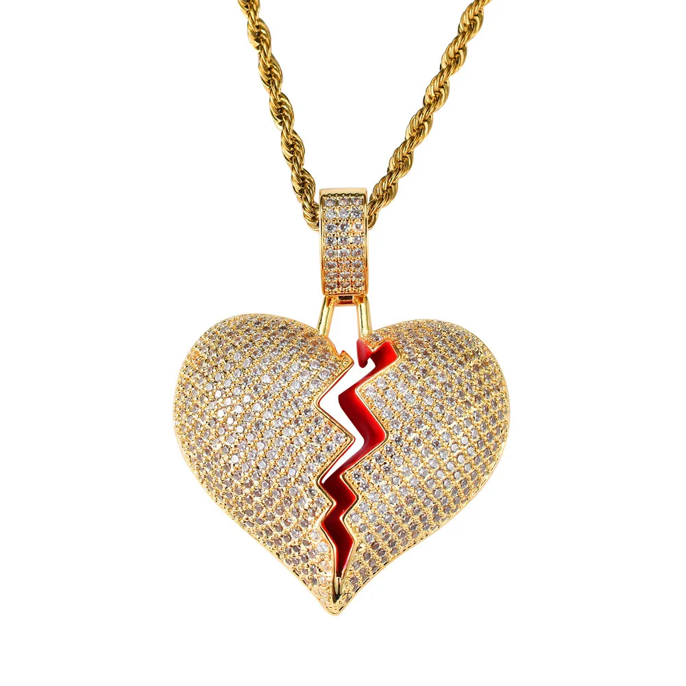 

XQ46 Balry bling bling Cuban necklace Men's Rap Jewelry Hips Hops Gold Plated diamond Broken Heart Pendant necklace, Gold,silver