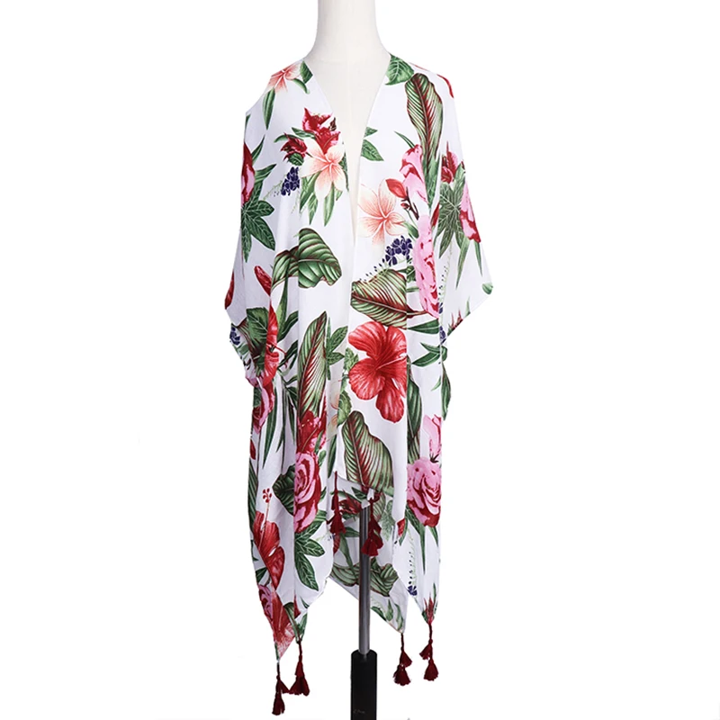 

Oversized floral ruana with tassel female flower print spring kimono women polyester print blouse kimono, Can be customized