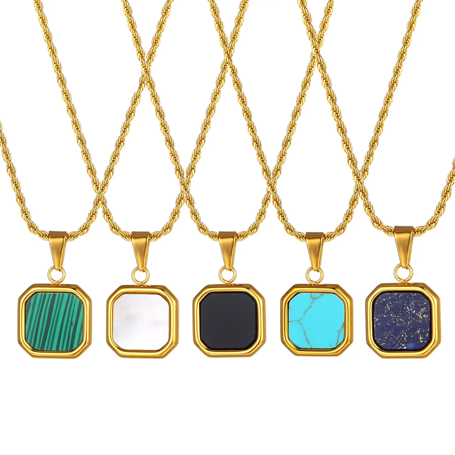 

Dainty 18K Gold Turquoise Shell Pendant Stainless Steel Rope Chain Square Lapis Lazuli Enamel Malachite Onyx Necklace