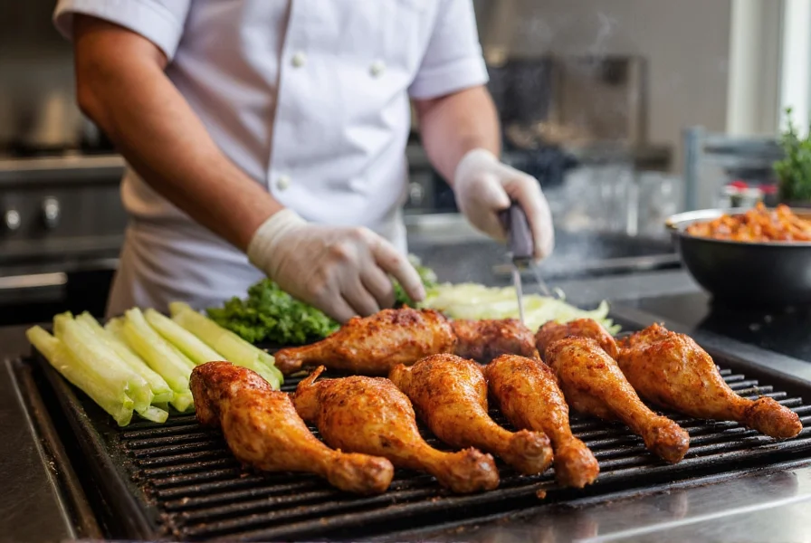 Chef preparing gochujang marinated chicken on grill with vegetables