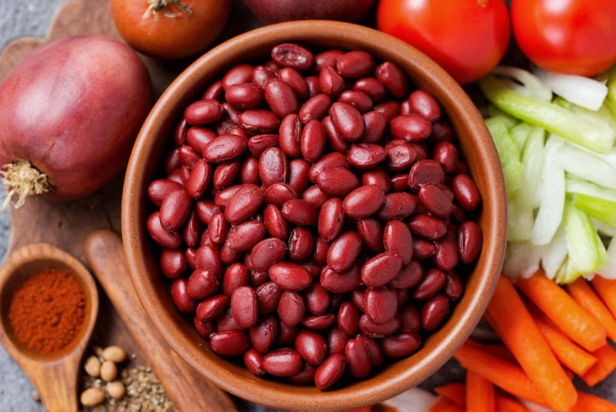 Close-up of red kidney beans in a bowl next to chili ingredients including tomatoes, onions, and spices