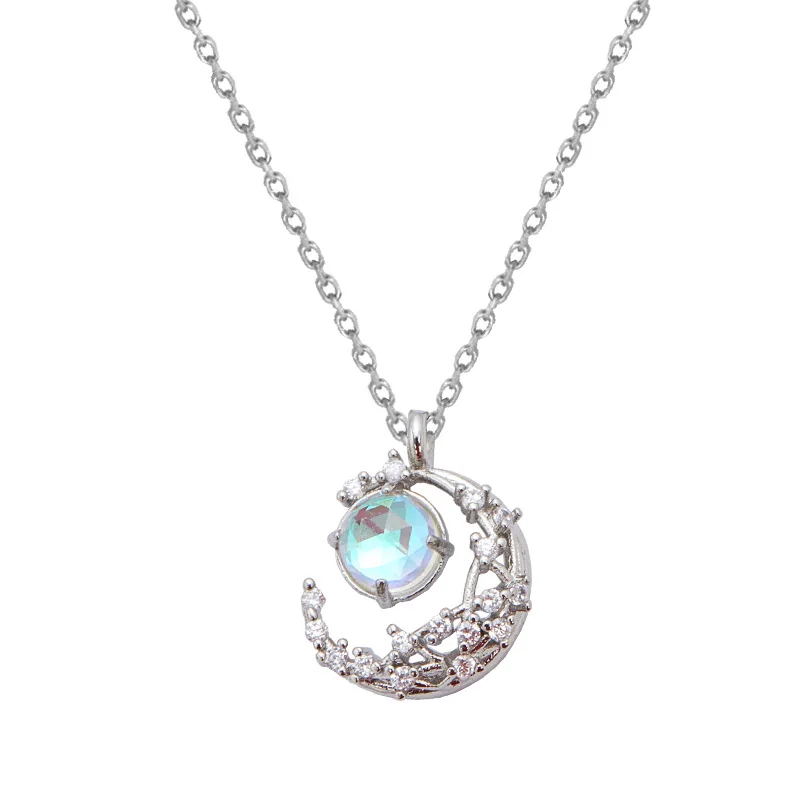 

Prevent Allergy 925 Sterling Silver Crystal Moon Opal Round Charm Necklace For Women choker collares Wedding Party Jewelry