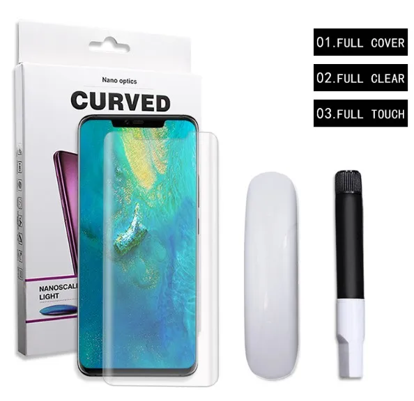 

3D Cuvrved UV Liquid Full Glue Tempered Glass Screen Protector For Huawei P40 Mate 30 Nova 7 Pro Honor 30+ Mate 40 Pro Note 20 +, Transparent