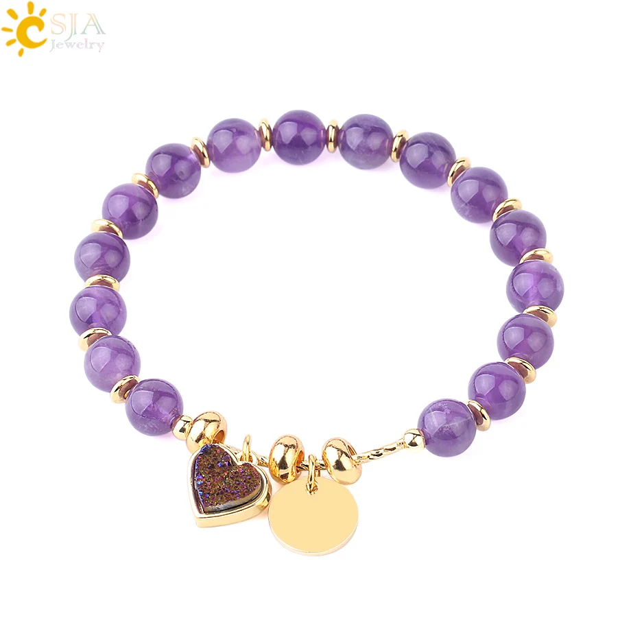 

CSJA wholesale 2020 fashion natural stone bead bracelet crystal pearl heart shape druzy charm women bracelet lovers' gift F699