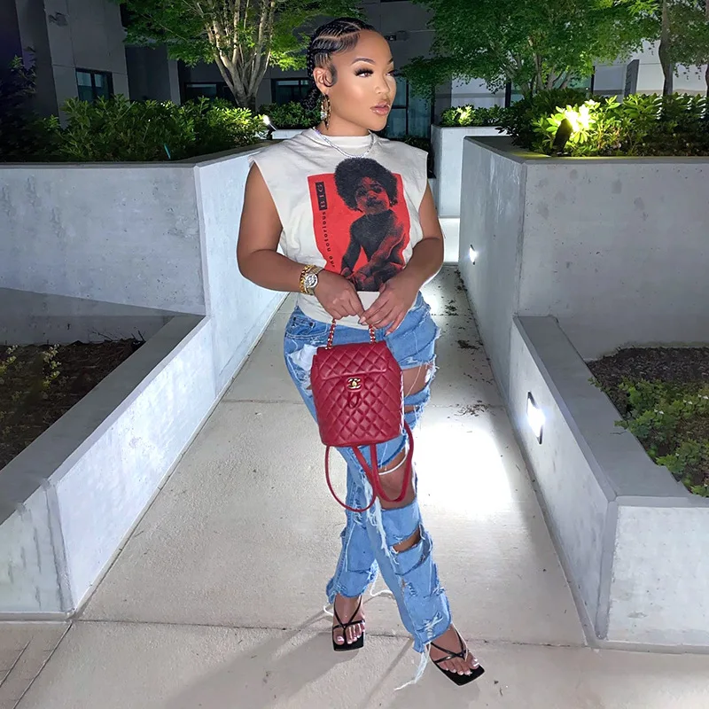 

Summer New Fashion Hot Sale O Neck Sleeveless Loose Pattern Print Streetwear Casual Women Top