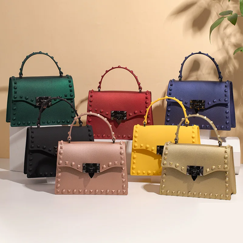 

Luxury Fashion Rivet Shoulder Bag Crossbody Candy Color Women Handbag PVC Jelly Purses Hand Bags for Ladies, 17 colors available