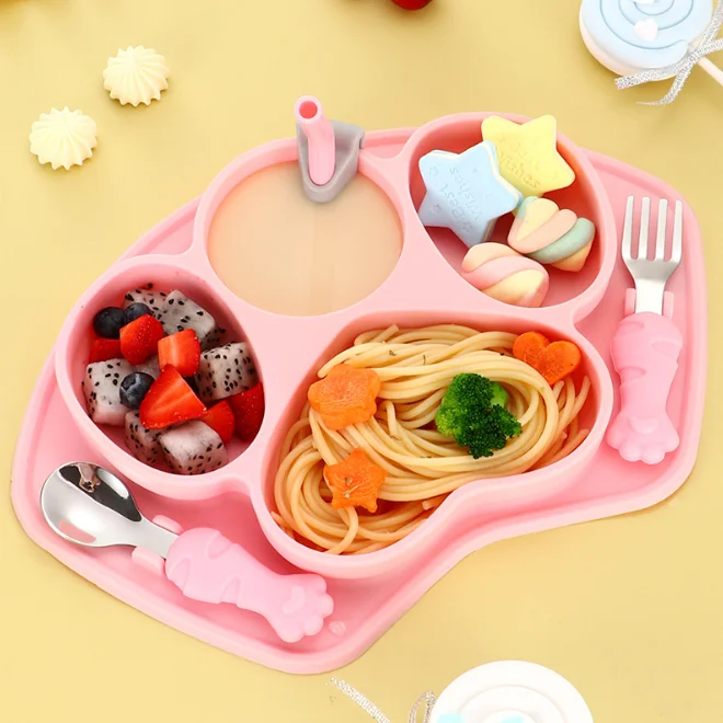 

Cartoon Food Grade Silicone Baby Feeding Baby Plates Silicone With Spoon And Fork Set, Customized color