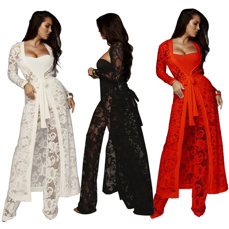 

New Fashion Sexy Lace Solid Color Long Sleeve Casual Dresses 3 Piece Set Women, As picture