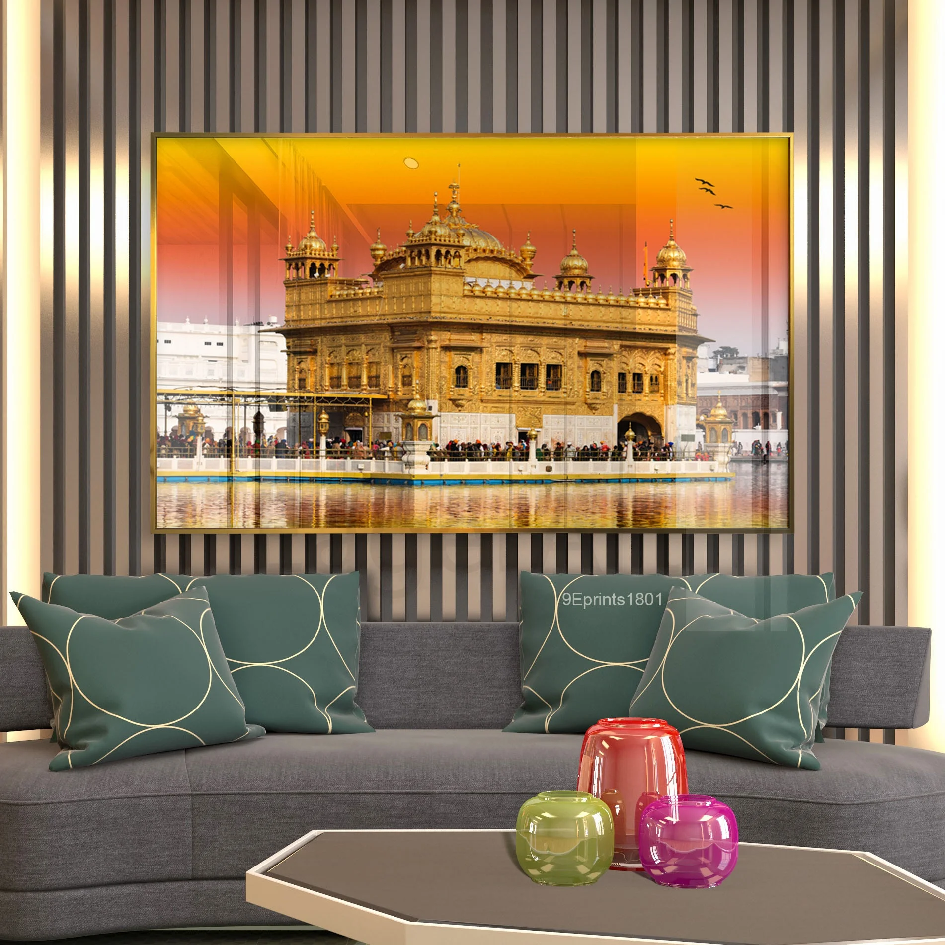 

Golden Temple art Picture With Frames Living Room Modern Landscape Crystal Porcelain Painting