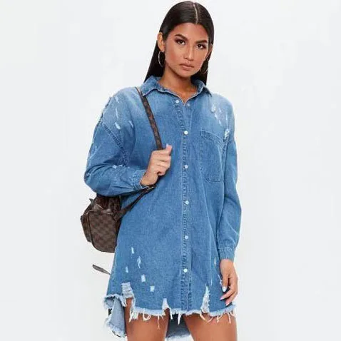 Hot Selling Wish Autumn Women Long Broken Denim Shirt Jeans Casual Shirt