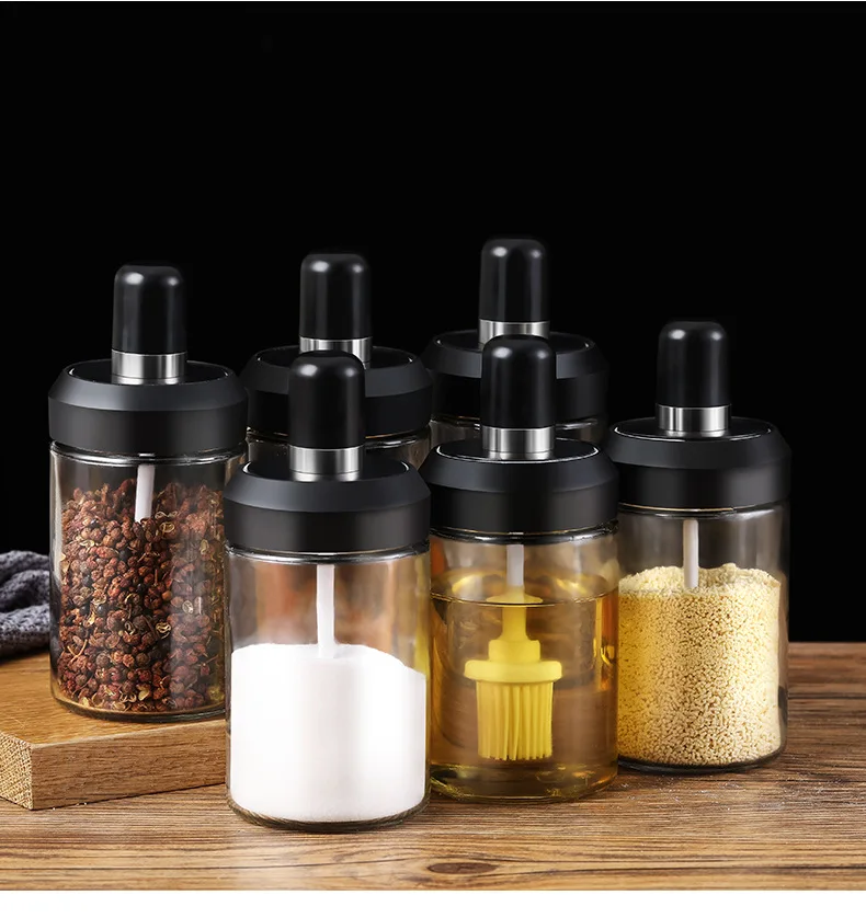

Bpa Free Clear Seasoning Salt Bottle Glass Shaker Bottle Jam Spice Jar Container with Spoon Brush, Transparent