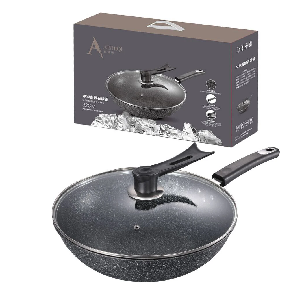 

wok bruleur composite steel commercial kitchen marble frying pan cast iron woks cookware, Picture