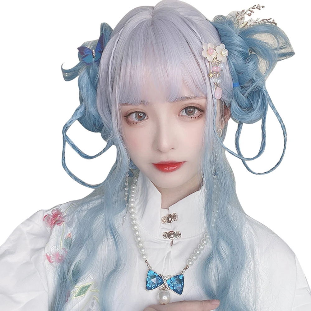 

Gray White Gradient Water Blue Long Curly Hair Wig Natural Daily Lolita Sweet Cute Fluffy Grooming Face Harajuku COS Wigs, Pic showed