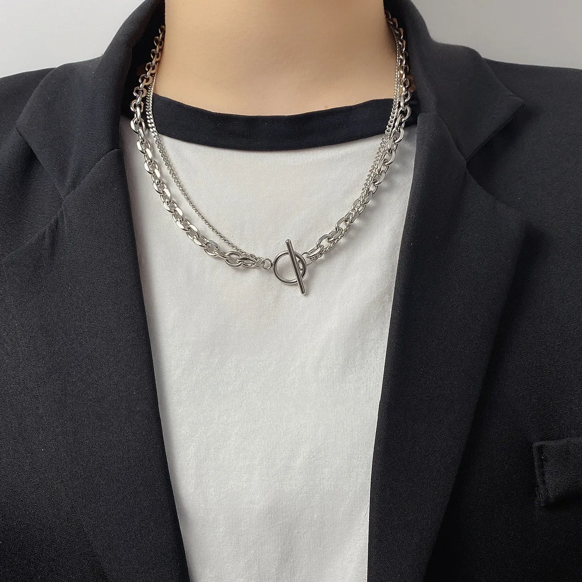 

Personalized OT Buckle Stainless Steel Necklace Men And Women Simple Double Layered Chain Fashion Short Hip Hop Jewelry, Picture