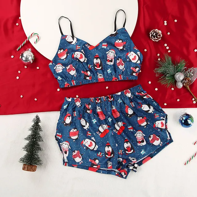 

Cute Pattern Red Sexy Christmas Clothes Women Satin Sleeveless Top Print Shorts 2 Piece Set Home Suit Female Nightwear