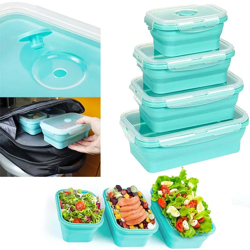 

Foldable Bpa Free Microwave Reusable Leak Proof Collapsible Containers Folding Food Storage 4 Silicone Lunch Box Bento sets, Blue, red, green, pink, grey blue