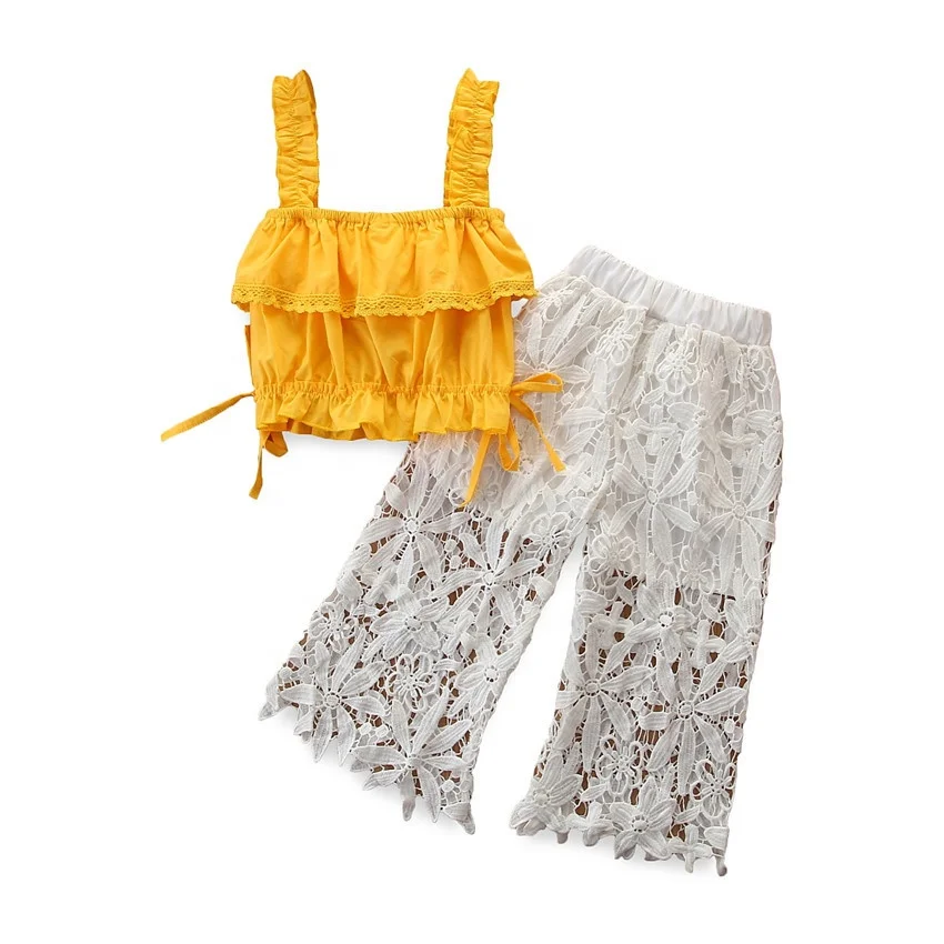 

Sweet Girl Clothes Set Yellow Sling Tank Top Lace Hollow Out Pant Two Pieces Set, Picture