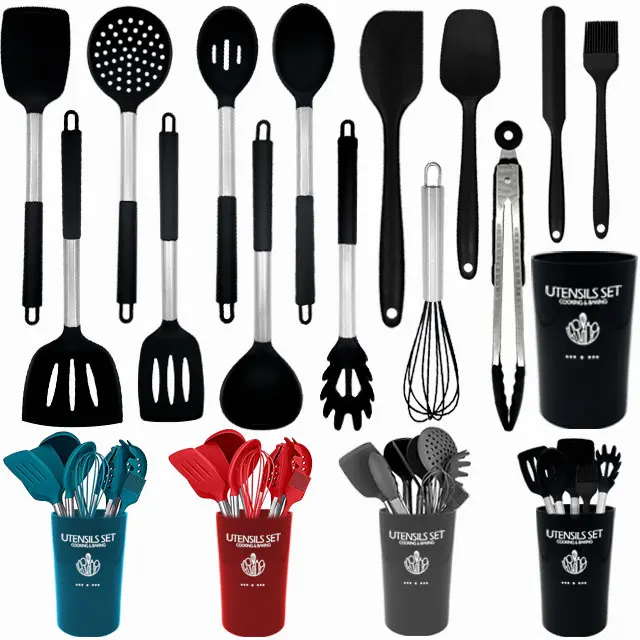 

Silicone Cooking Utensils Set, 15 Pieces of Silicone Cooking Kitchen Utensils Set, Non-Stick and Heat-Resistant Kitchen Cookware, Black + silver