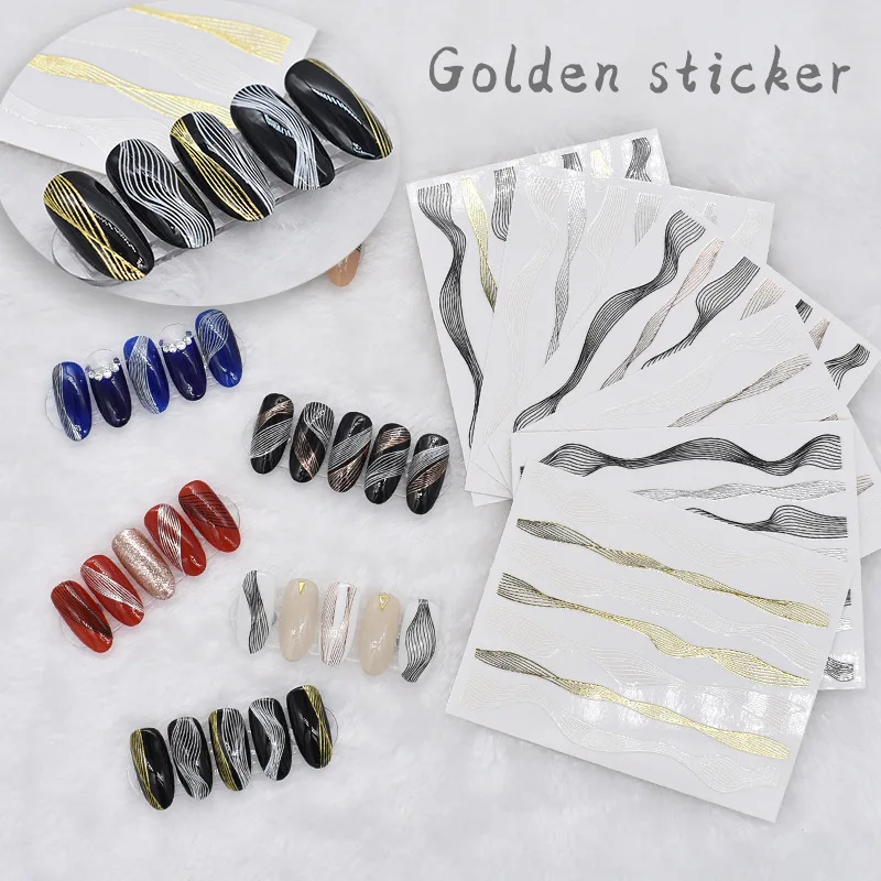 

Ready To Ship 3D Wave Stripe Nail Tips Gold Metal Lines Transfer Nail Foils DIY Manicure Decorations Nail Art Stickers Decals