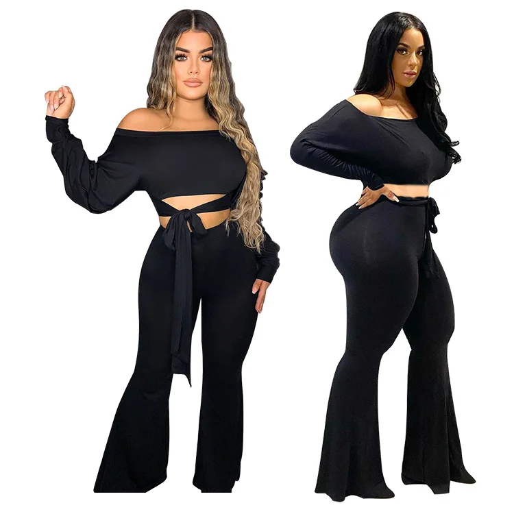 

European And American Solid Color Sexy Cut One-shoulder Bat Shirt Flared Big Trousers Women's Two-piece Suit, Shown