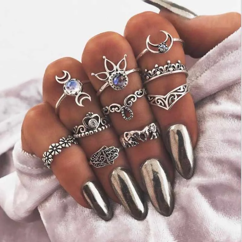

Vintage 10 Pcs Antique Silver Plated Elephant Moon Rings Set Flower Shaped Nail Ring for Women