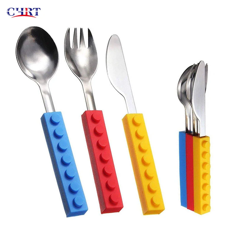 

CHRT Creative children's utensil Lego baby stainless steel utensils silicone cutlery set spoon and fork for camping