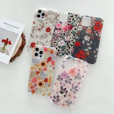 

Luxury Leopard Print Floral Flowers Phone Case For iPhone 11 12 13 Pro Max 7 8 Plus Glitter Pearly Shell Pattern Back Cover
