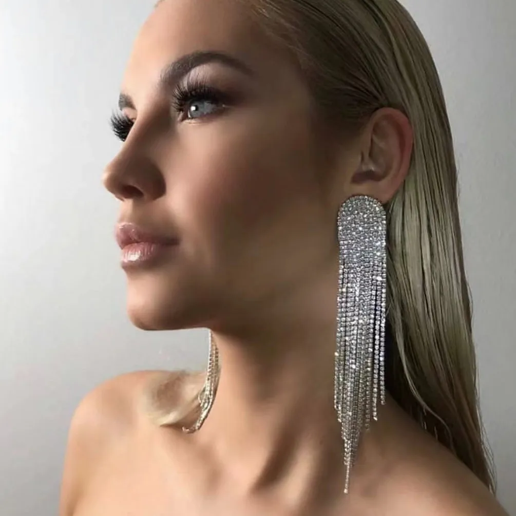 

New Fashion Silver Rhinestone Crystal Bridal Chandelier Long Tassels Dangle Earrings for Wedding Mother's Day Gift, Gold/rhodium