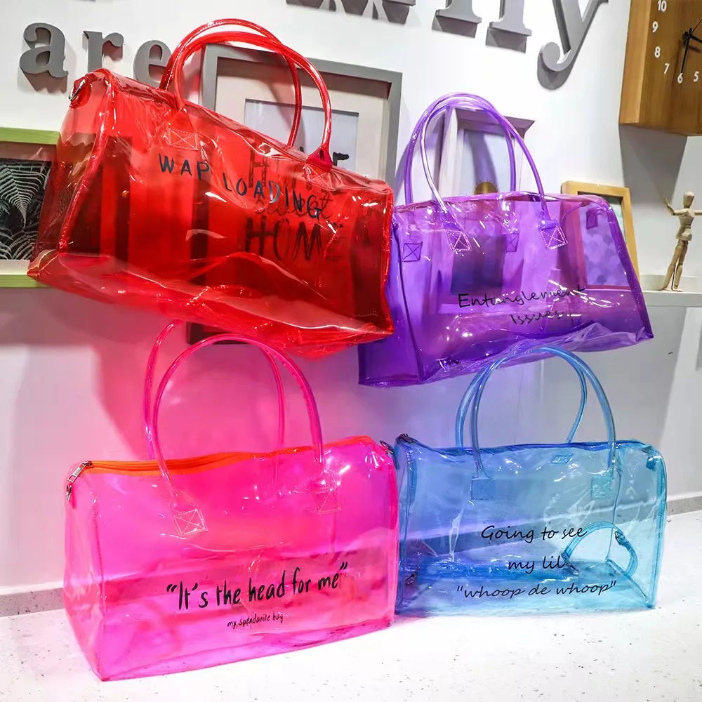 

women PVC colorful silicone jelly make up beach transparent duffle bag clear overnight bag tote spend a night handbag