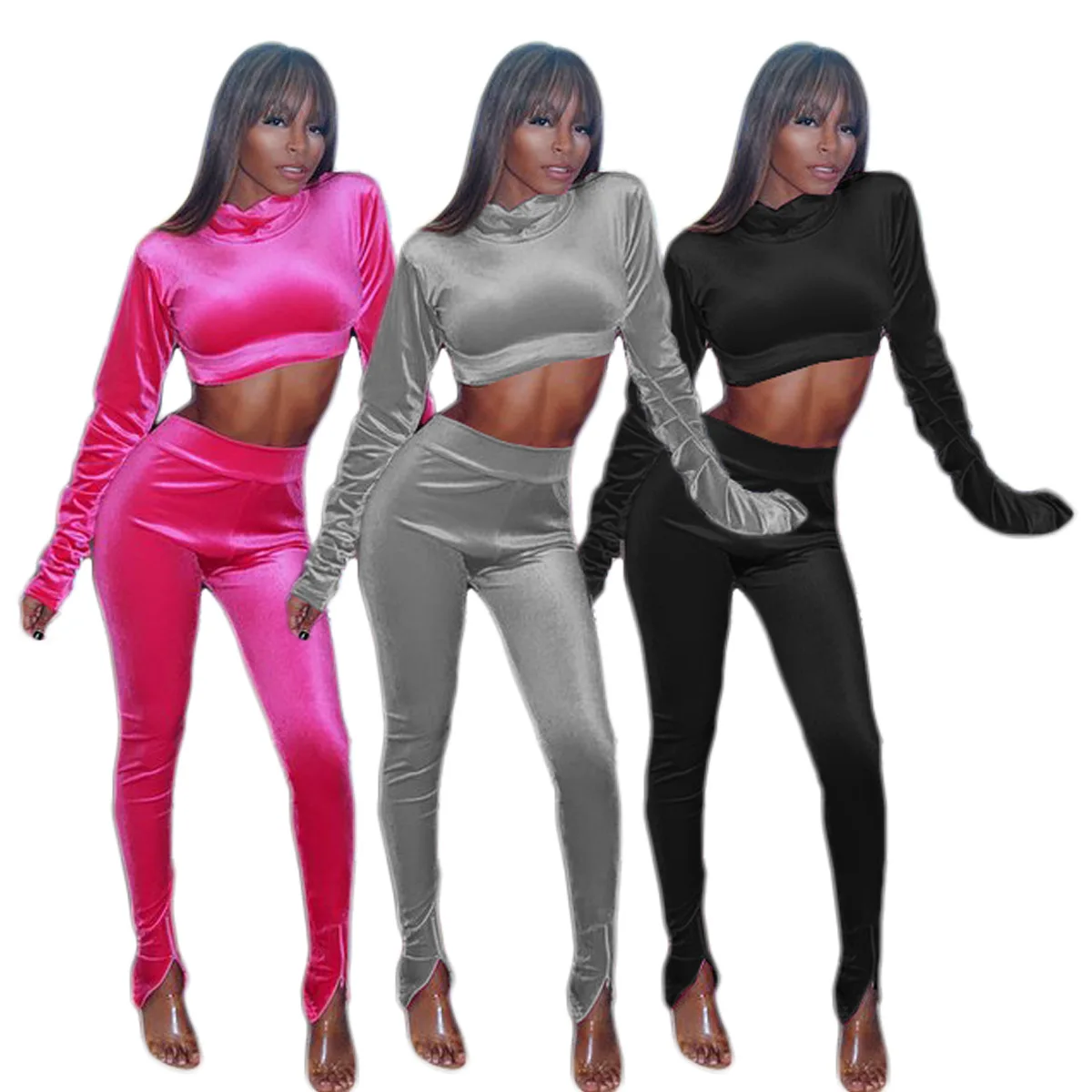 

New Long Sleeve Active Jogger Suit Ladies Training Sweatsuit Women Fitted Velour Hooded velvet Tracksuit solid hoodie and pants, Picture color