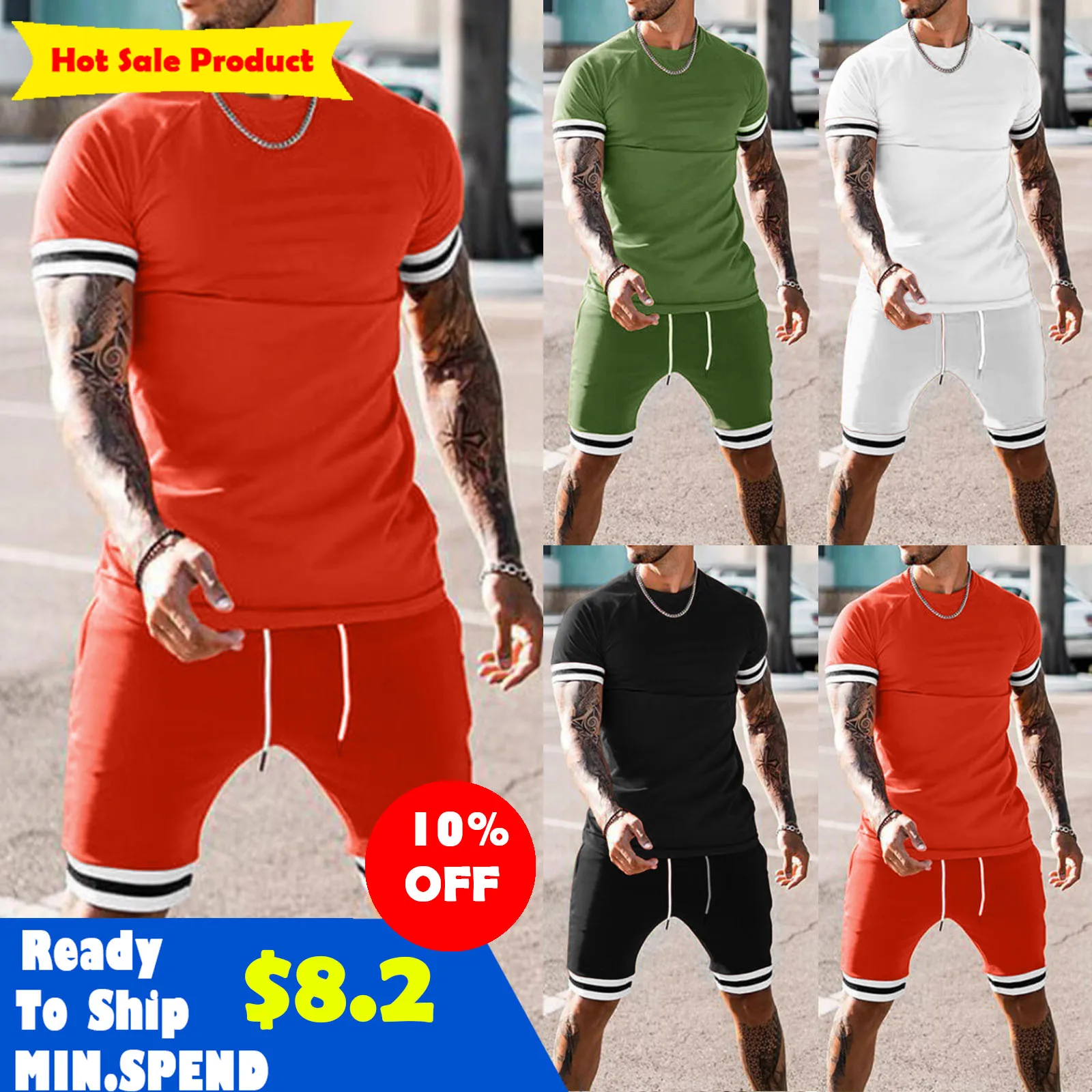 

Free Logo Custom Hot style Summer Spliced Two Stripes Short Sleeved Shorts Sports Casual Suit 2 Piece men sets men clothing, As picture