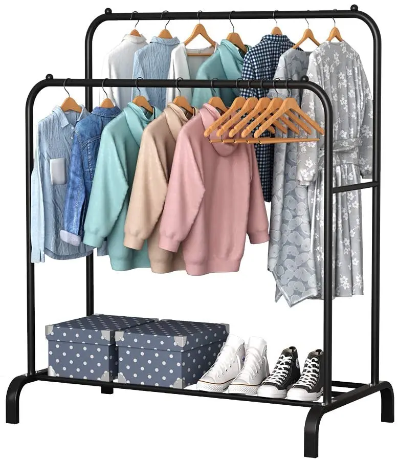 

Garment Rack Freestanding Hanger Double Layers and Double Poles Multi-Functional Bedroom Clothing Rack, Black and White, Black&white