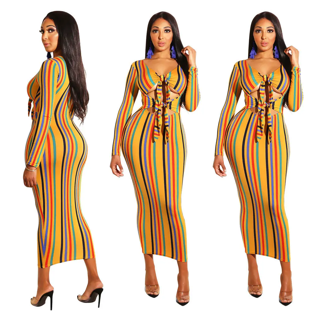 

2381Ladies Trendy Striped Print Bandage Dress