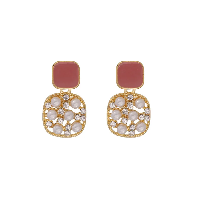 

Wholesale Korean Style Vintage Geometric Gold Plated Alloy Rhinestone Square Pearl Drop Earring For Women Jewelry