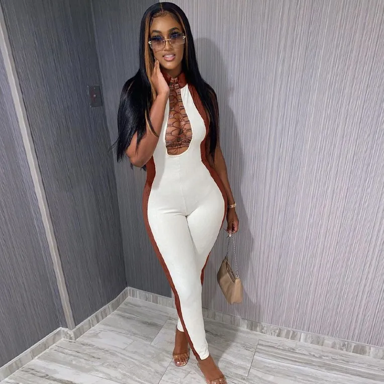 

X01154S 2021 Sexy sleeveless neck matching color sport jumpsuit, White