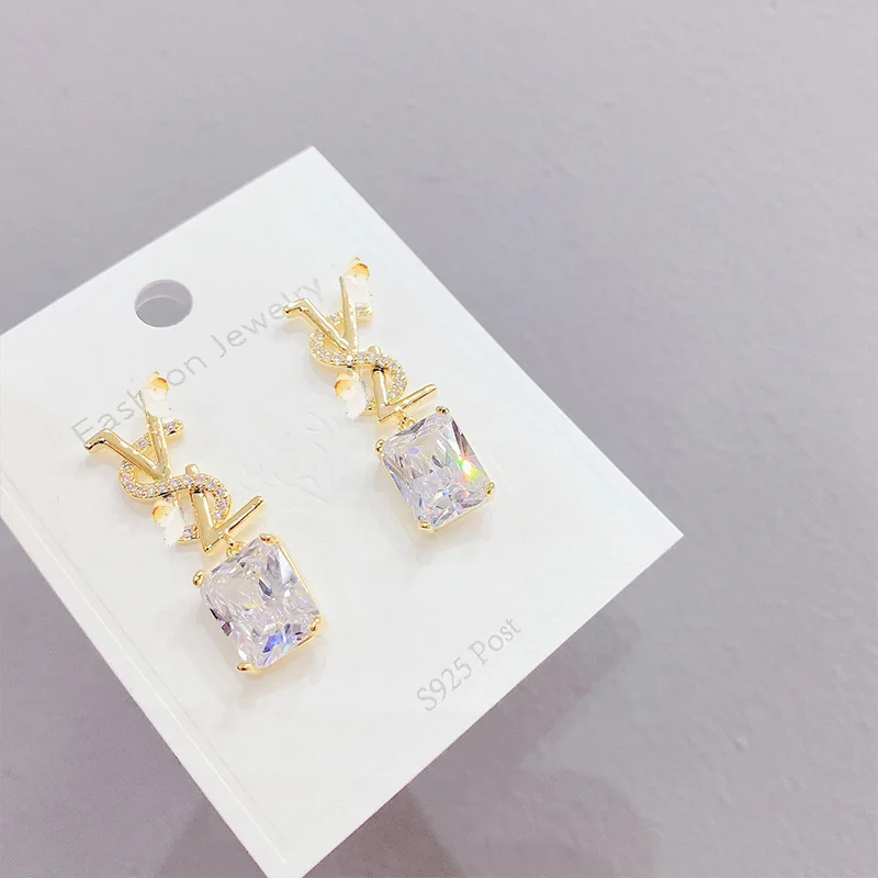 

New arrive luxurious jewelry brass with real 18k gold plated with zircon earrings S925 Y brand alphabet earrings for women