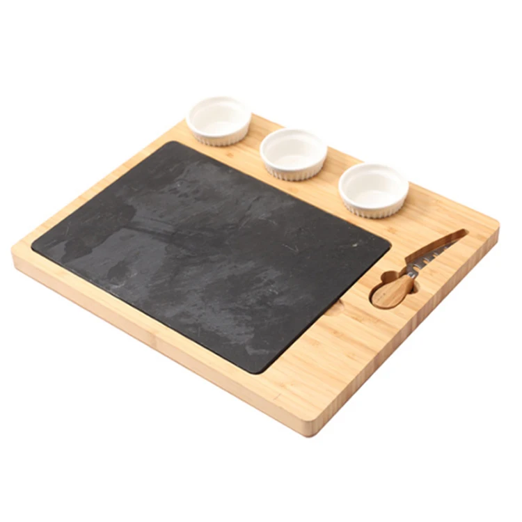 

Bamboo cheese board set with rock board three ceramic bowl a knife bread board, Natural