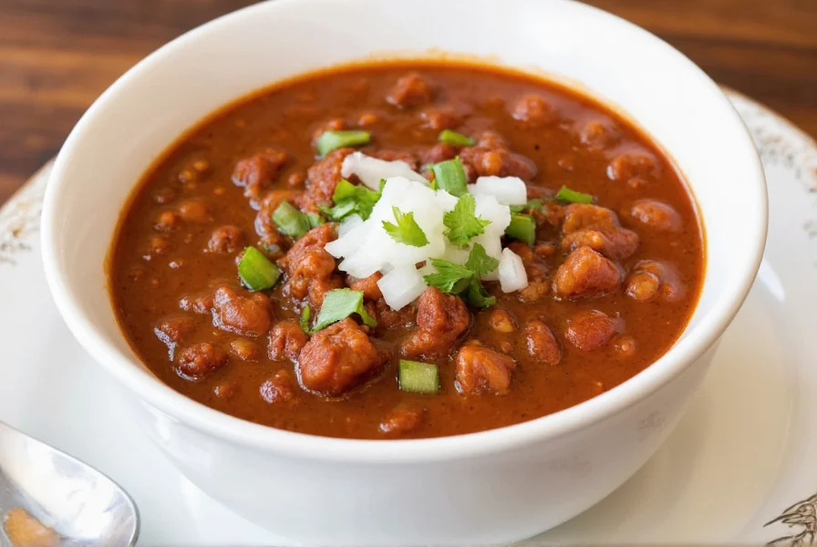Texas-style crock pot chili no beans served in white bowl with onion and cilantro garnish