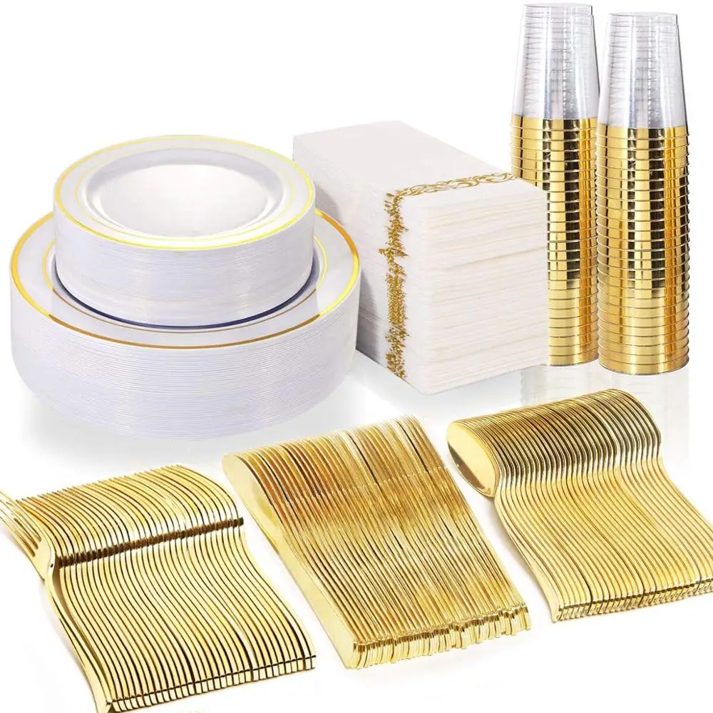 

Wholesale Disposable Gold Plastic Plates Gold Plastic Plate 25pack Plastic Dinnerware Sets, As picture