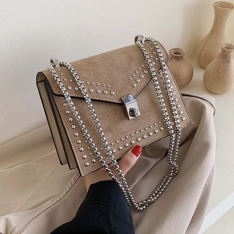 

Scrub Leather Brand Designer Shoulder Simple Bags For Women 2021 Chain Rivet Luxury Crossbody Bag Female Fashion Small Handbags