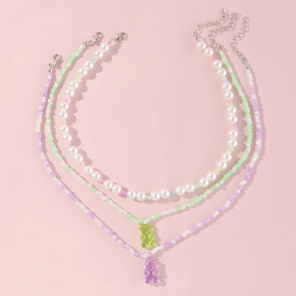 

Wholesale Fashionable Handmade Bead Pearl Necklace Jewelry Set Colorful Bead Bear Choker Necklace For Girl