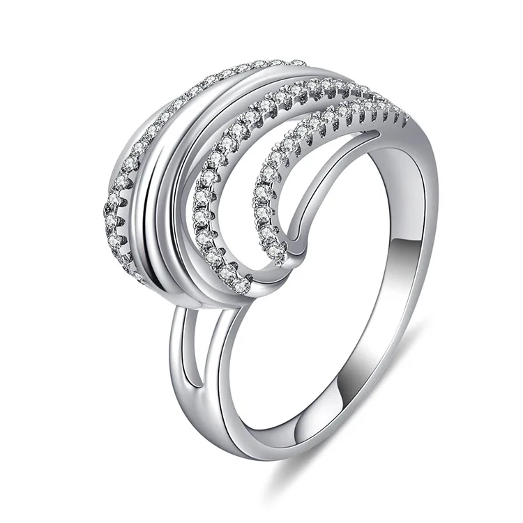 

European Women Silver Plated White Zirconia Finger Ring Crystal CZ Wave Shape Rings