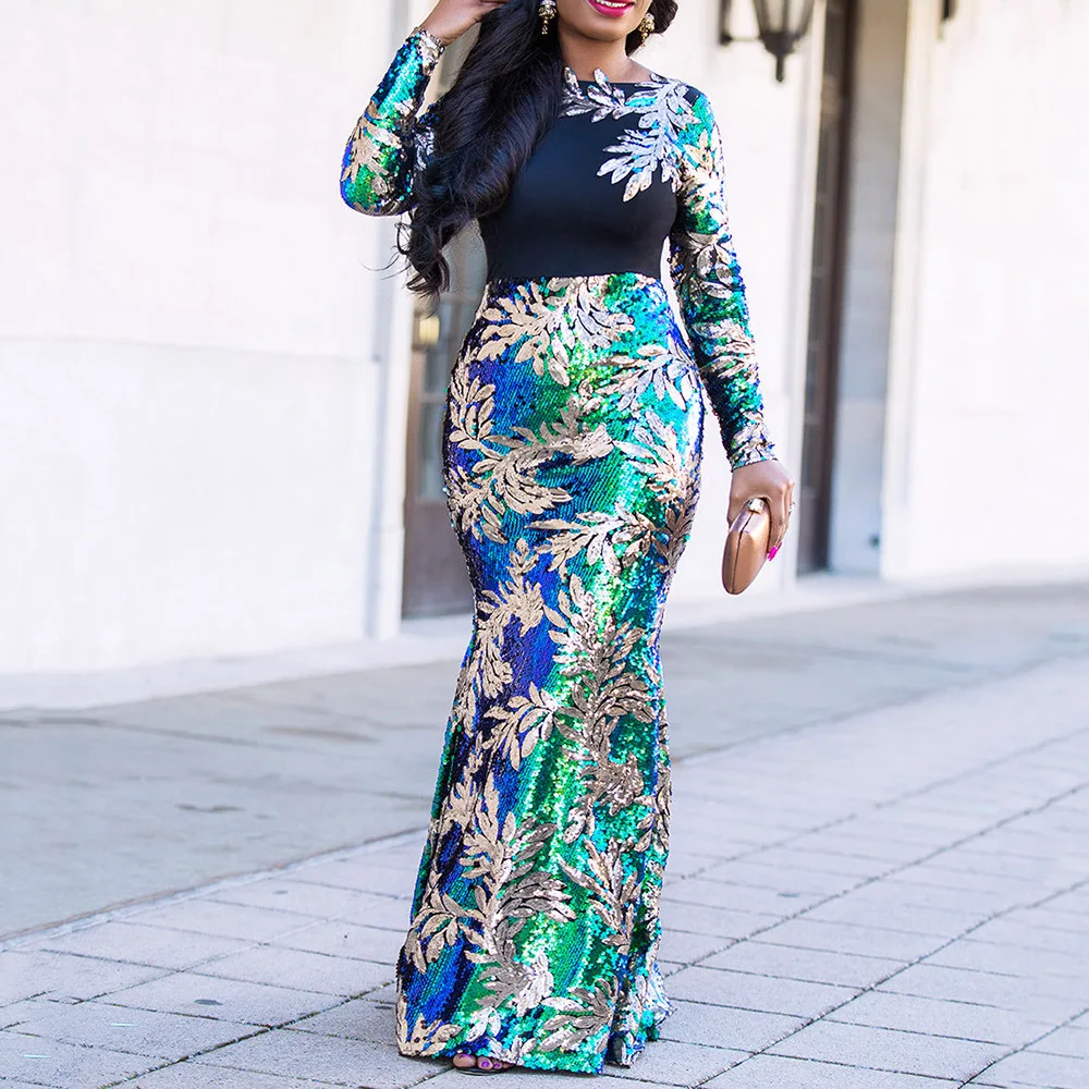 

Chic Embroidery Full Sleeve Sequins Patchwork Maxi Lady Cocktail Dress, Peacock blue