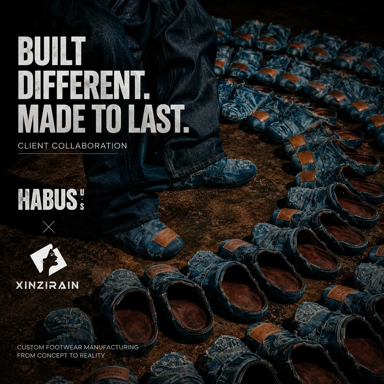HABUS U.S x XINZIRAIN - deconstructed denim patchwork mule with brown leather patches, handmade feel kept consistent in bulk