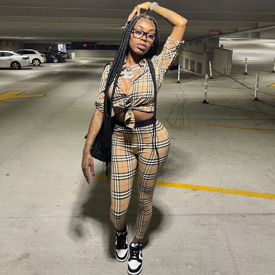 

THINK387 Fall/Winter Long Sleeve Lace up Plaid Sets Women Plaid Pants Clothing Sets Woman Two Piece