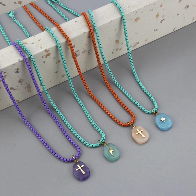 

New Design Natural Stone Crystal Pendant Candy Color Stainless Steel Chain Pendant Necklace Fashion Jewelry Gift, Colorful